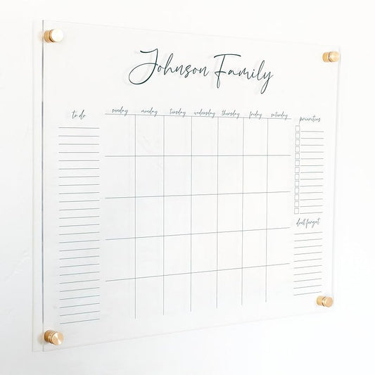 Personalized Clear Acrylic Calendar for Wall, Calendar Whiteboard for Wall, Dry Erase Wall Calendar, Wall Calendar Organizer System for Home (Cursive, Jade, 23"W x18.5"H)