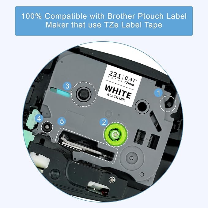 Tze 12mm 0.47" Laminated White Tz Tape Tz-231 Compatible for Brother Tze-231 Ptouch 1/2 Label Tape Tz231 for P Touch PTH100 PTD220 PTH111 PTD210 PT1290 PTD400 PTD600 PTD410 Label Maker, 4 Pack