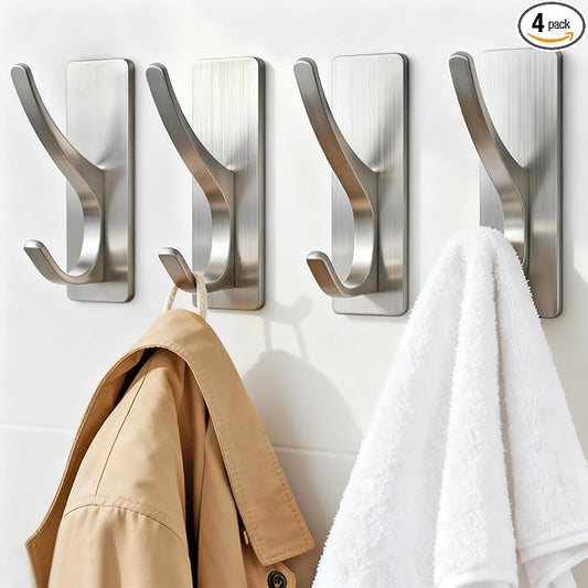 pickpiff Self Adhesive Coat Hooks for Hanging: Heavy Duty Stainless Wall Hook for Towel, Backpack, Hat, Sturdy Metal Hanger for Bathroom, Bedroom, Door, Brushed Nickel 4 Pack