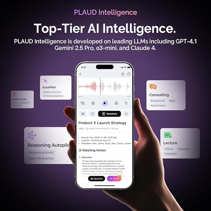 NotePin Voice Recorder, AI Voice Recorder, App Control, AI Notetaker, AI Transcribe & Summarize, Support 112 Languages, 64GB Memory, Audio Recorder for Lectures, Meetings, Cosmic Gray