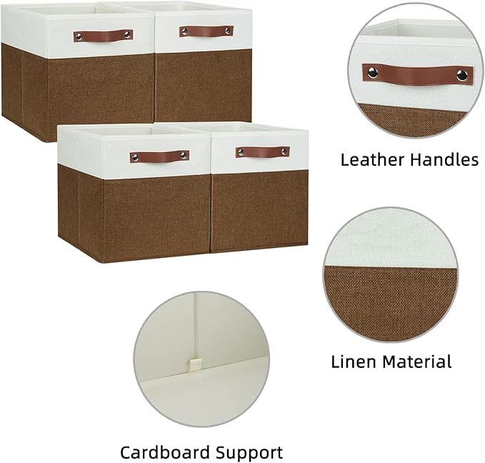 HNZIGE Fabric Cubes Storage Bins Set of 4,11 x 11 Clothes Storage Cube Baskets,Cube Organizing Bins for Shelves with Handles,Canvas Baskets for Organizing Home(Brown White)