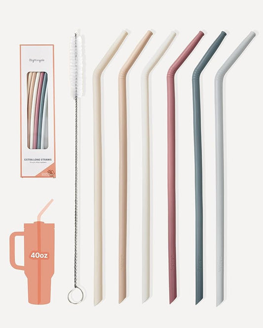 Nightingale 14” Silicone Tumbler Straws - Compatible with Stanley 40 oz cup - Reusable Flexible Long Bendy Drinking Straw with Cleaning Brush for Tall Tumblers - Food-Safe - Set of 6 Oak