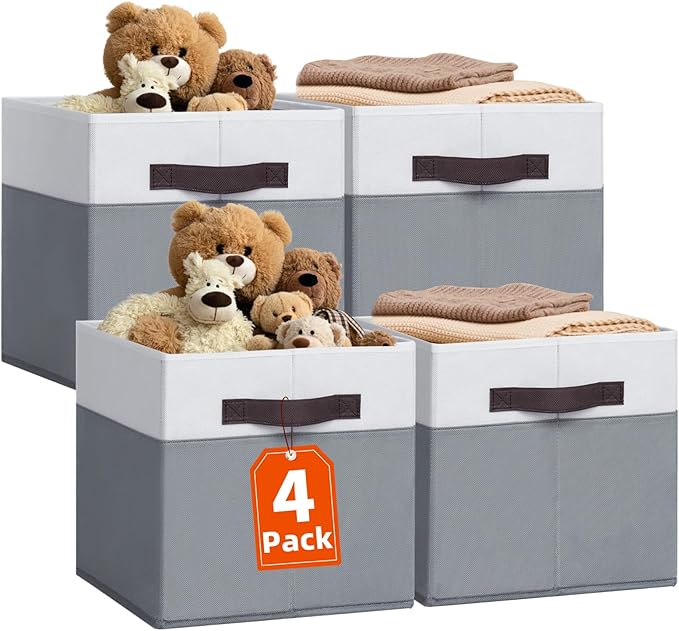 Criusia Fabric Storage Cubes - 11 Inch Collapsible Storage Bins 4 Pack - Clothes Organizer Bins for Closet, Shelves, Cube Organizer/Home Organization and Storage Baskets for Organizing Toys Blanket