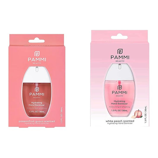 PAMMI Power Mist Hydrating Hand Sanitizer Spray, Portable Travel Size Pocket Hand Sanitizer, Scented Handsanitizer Mini Spray For Car - 600 Sprays (2 Packs (Guava and White Peach))