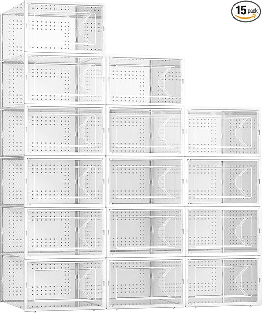 Kuject 15 Pack Shoe Storage Boxes, Large Clear Plastic Stackable Shoe Organizer for Closet, Connect Left and Right Shoe Boxes Case Container Bin for Entryway, Drop Front, Fit for Size 10(White)