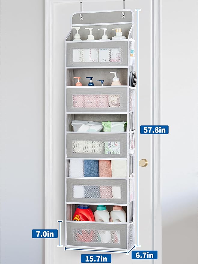 JARLINK Over The Door Organizer, 5 Shelf Door Hanging Organizer with 5 Large Pockets, 44 lbs Weight Capacity Hanging Storage for Bathroom, Bedroom, Nursery, RV, Pantry (Light Grey)