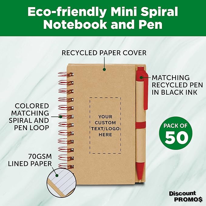 Custom Mini Spiral Notebooks with Black Ink Pens Set of 50, Personalized Bulk Pack - Perfect for School, Office, Business, Home - Red