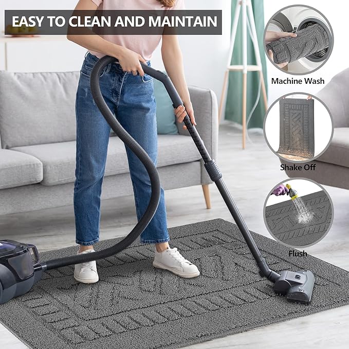 FONEYI Indoor Doormat, Front Back Door Mat Rubber Backing Non Slip Door Mats, 32"x40" Low-Profile Absorbent Resist Dirt Entryway Doormat Inside Floor Mats Entrance Washable, Entry Doormats, Grey