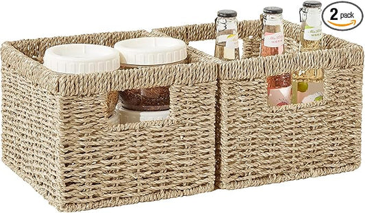 Seagrass Wicker Basket, Decorative Woven Baskets with Built-in Handles, Hand-woven Storage Organizer for Organizing Pantry, Shelves, Laundry, Livingroom, Bedroom, Toilet(2-PACK, Natural)