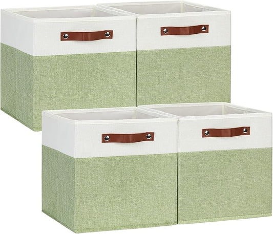 DULLEMELO Fabric Storage Cubes, 12x12 Storage Cube Bins for Organizing, Foldable Storage Baskets Square Cloth Bins for Cube Storage, Cube Organizer for Storage,White&Green