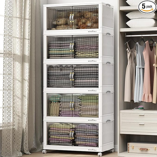 BROVIEW 600Qt Stackable Storage Bins with Lid, Extra Large Closet Organizer Collapsible Drawer Boxes with Wheels, Folding Plastic Cabinet Containers for Home Kitchen Room Organization, 5Pack White