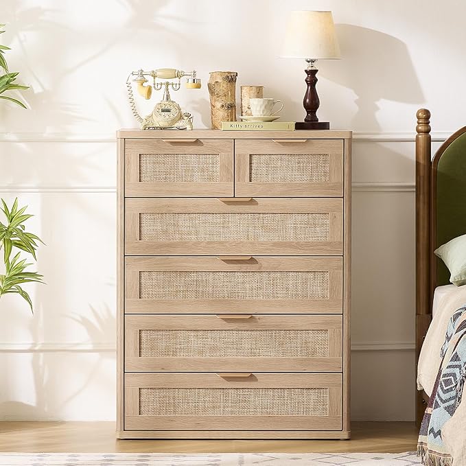 LEYAOYAO Rattan Dresser for Bedroom, 42" Tall Chest of Drawers, Modern 6 Drawers Boho Dressers with Storage, Light Oak Dresser Wooden Closet Organizer for Living Room, Hallway, Natural Wood