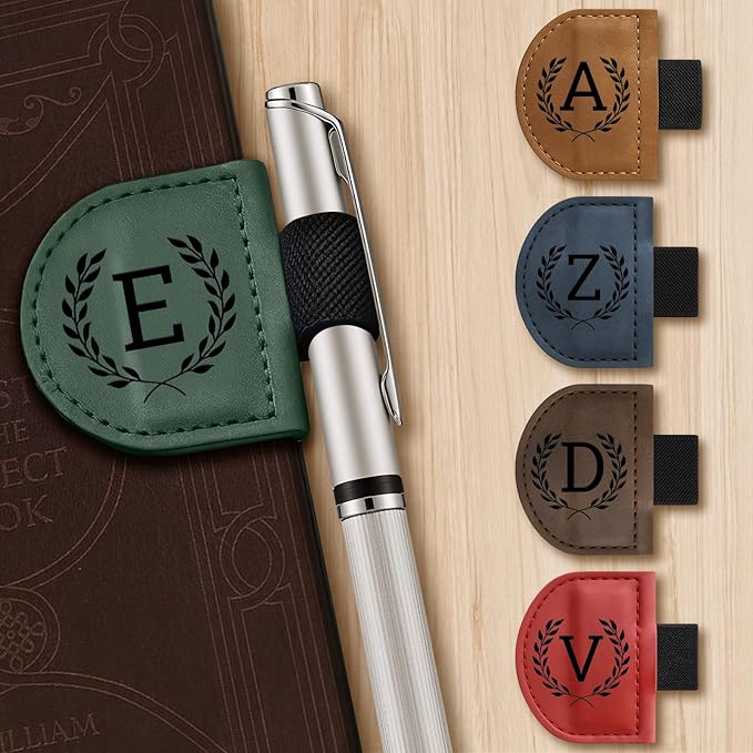 Personalized Bygone Mark Bookmark with Pen Holder,Engraving Leather Magnetic Bookmarks Vintage 26 Letters Name Initials Text Book Marker Clips Gifts for Reading Book Lovers Women (Red, B)
