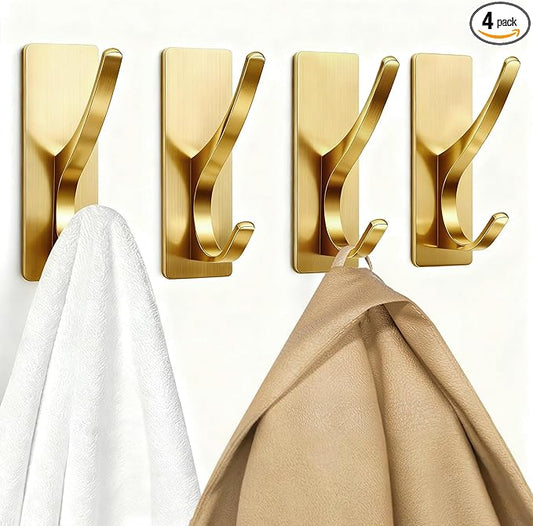 pickpiff Self Adhesive Coat Hooks for Hanging, Heavy Duty Stainless Double Wall Hook for Towel, Backpack, Hat, Sturdy Metal Hanger for Bathroom, Bedroom, Door, Wall Mounted, 4-Pack, Brushed Gold