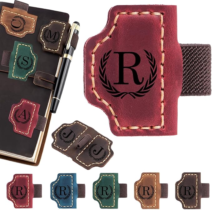 Artlaza Personalized Magnetic Leather Bookmark with Pen Holder - 26 Letters Custom Book Mark with Name Initial Engraved Book Marker for Readers, Book Lovers, Travelers - Gift for Women & Men(Red，R