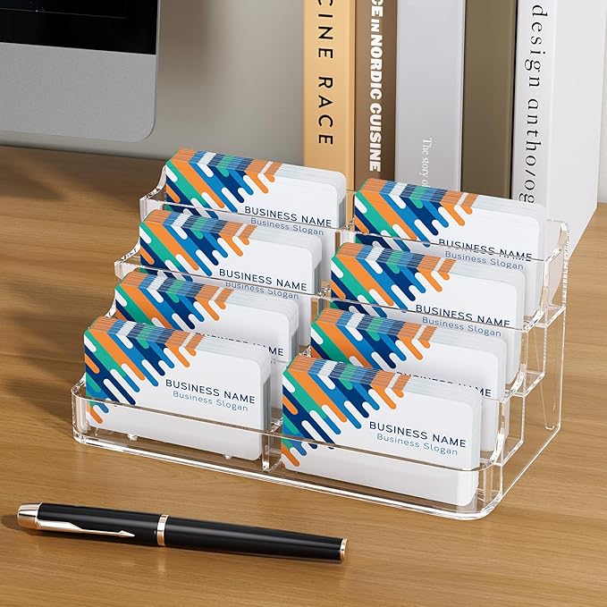 MaxGear Acrylic Business Card Holder for Desk Multiple Business Card Holders, Premium Cards Stand, Clear Plastic Cards Display Holder with 4 Tier for Exhibition, Home and Office, 8 Pocket, 8 Pack