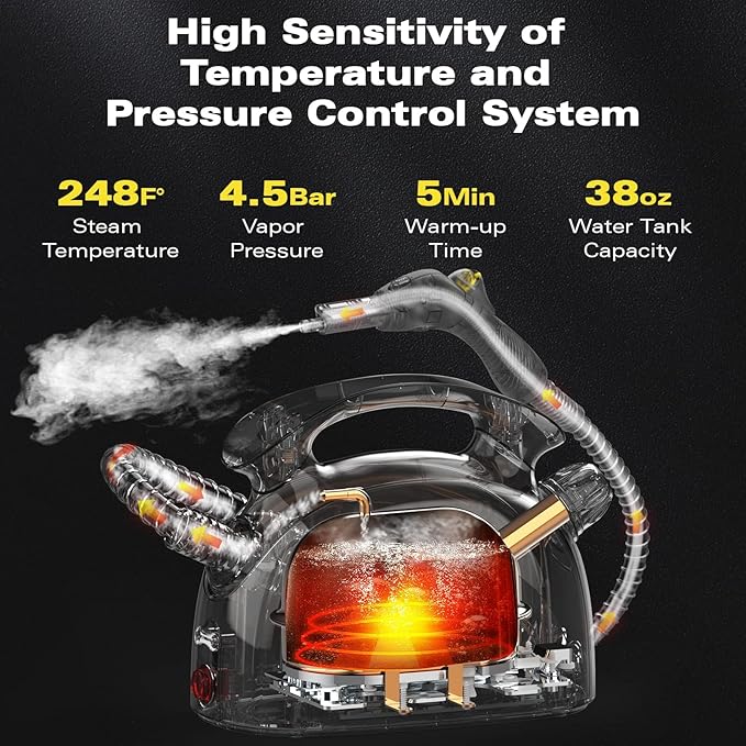 Steam Cleaner with 21 Accessories, 248°F High-Temp Steam & 1.1L Large Tank for Deep Cleaning Floors, Tiles, Carpet, Cars - Free Cleaning (Yellow) Chemical-Free Home & Auto Use