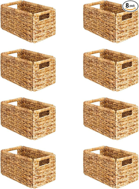SpaceAid 8 Pack Wicker Basket, Storage Baskets for Organizing, Woven Rattan Basket with Handles for Shelves, Water Hyacinth Large Cube Organizer Storage Bin, 13x8.2x7 inch, Natural
