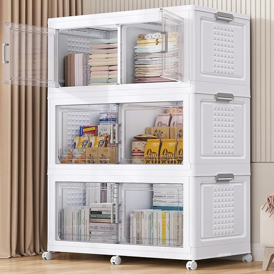 BROVIEW 52.7"H 150Gal Plastic Storage Bins with Lid & Wheels,3Pack Extra Large Stackable Storage Bins with Dividers,Closet Organizers and Storage Cabinet Collapsible Box Shelves for Home Kitchen,White