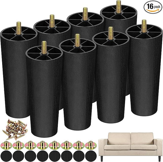 TURSTIN 16 Pack 6 Inch Plastic Furniture Legs with M8 T-Nuts Screws Tapered Sofa Couch and Chair Legs Replacement Furniture Legs for DIY Projects Sofas Coffee Tables Dressers Beds