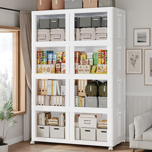 800Qt Stackable Storage Bins with Lid and Wheels, 200Gal Plastic Closet Organizer and Storage Drawer, Large Collapsible Storages Box Cabinet with Clear Door for Home Kitchen, 4Pack White