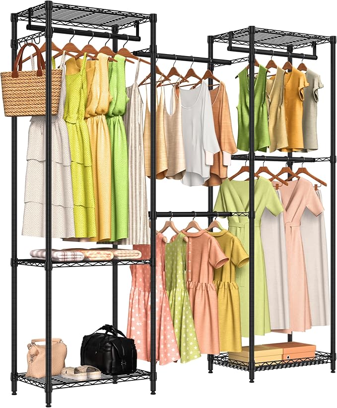 Heavy Duty Clothes Rack, Freestanding Garment Rack System Closet Organizer for Hanging Clothes, Metal Wire Clothing Rack with 5 Shelves & 5 Rods,Adjustable Wardrobe Shelf,Black