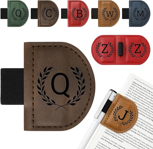 Personalized Bygone Mark Bookmark with Pen Holder,Engraving Leather Magnetic Bookmarks Vintage 26 Letters Name Initials Text Book Marker Clips Gifts for Reading Book Lovers Women (Coffee, Q)
