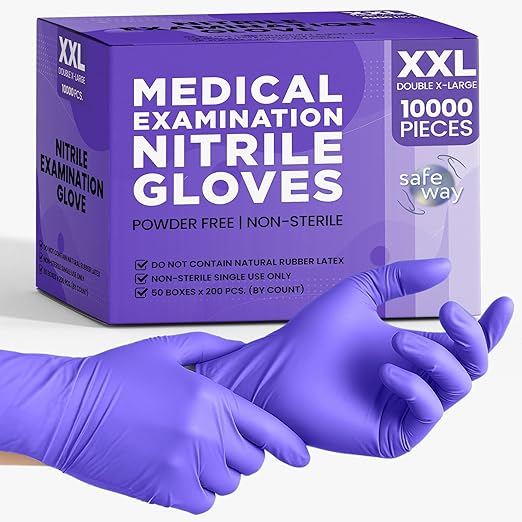 SafeWay Nitrile Disposable Gloves — Multi-Purpose Powder-Free, Non-Latex, Medical Use, and Textured Fingertips for Food Prep, Cleaning, Tattoo, Nursing, Lab, Examination, & More — (10000pcs, 2XLarge)