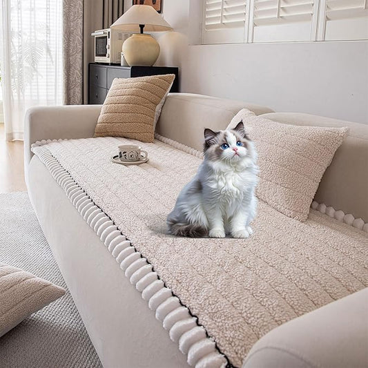 OTOB Sofa Covers for 3 Cushion Couch Washable, All Seasons Fuzzy Non Slip Kids & Pet Friendly Dog Bed Mats Couch Cover, Soft Plush Sofa Slipcovers Furniture Protector (Beige, 27.6" x 70.9'')
