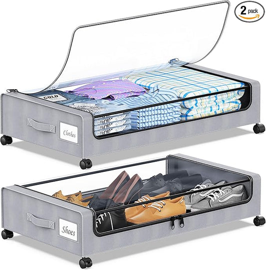 Under Bed Storage with Wheels, 2-Pack Under the Bed Storage Containers with Clear Lids & Label, Underbed Storage Bins, XXL 60L Rolling Metal Drawer for Clothes, Shoes, Toys, Books - Gray