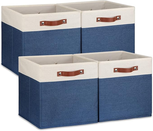 Temary Fabric Storage Bins for Cube Organizer 4 Pack Cube Storage Bins 13 Storage Cubes for Shelves Storage Baskets for Organizing Books, Clothes, Towels (White & Blue, 13x13x13 Inch)