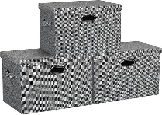 Large 17" 36 Quart Collapsible Stackable Storage Bins with Lids, 3 Packs Black and White Mix Linen Fabric Closet Boxes with Lids, Storage Cube Baskets Container Organizers (17x12x11)