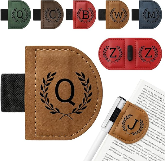 Personalized Bygone Mark Bookmark with Pen Holder,Engraving Leather Magnetic Bookmarks Vintage 26 Letters Name Initials Text Book Marker Clips Gifts for Reading Book Lovers Women (Brown, Q)