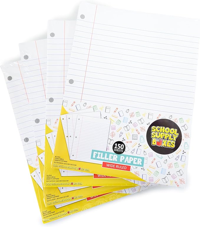 School Supply Boxes | Wide-Ruled Loose Leaf Paper | 4 Pack | 150 Sheets Per Pack, 3-Ring Binder Compatible