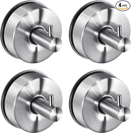 JOMOLA Brushed Stainless Steel Shower & Bathroom Hooks - No Drill Adhesive-Free Suction Cup Hardware, Rustproof Waterproof Metal Wall Mount for Towel Robe, Damage-Free (4-Pack)