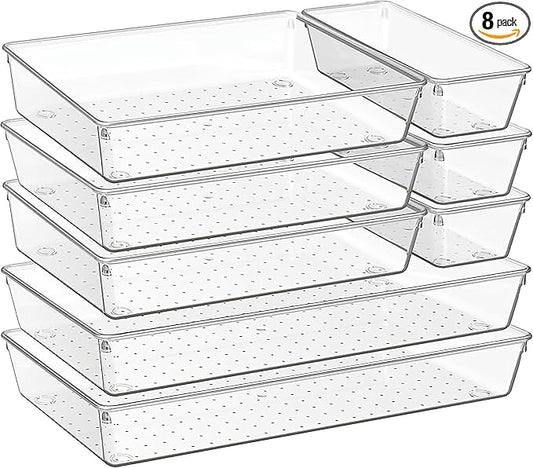 8-Pack Clear Plastic Drawer Organizer Trays – Large Dividers for Kitchen Gadgets, Bathroom Storage, Makeup & Vanity Accessories – Multi-Use Home Essentials for Organized Living