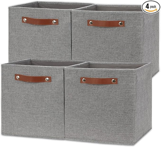 Temary 12x12 Storage Cube Bins 4 Pack Fabric Storage Cubes Storage Bins with Leather Handles, Storage Baskets Foldable Cube Organizers Bins for Home (Grey)