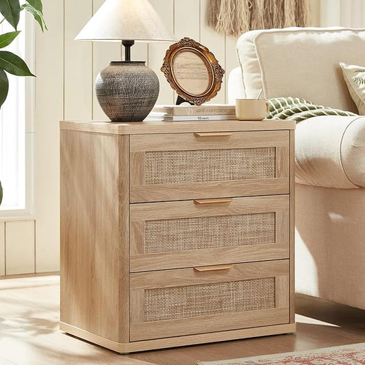 LEYAOYAO Rattan Night Stand with Drawers, 23" Large 3 Drawer Boho Nightstand, Natural Wood Bedside Table Storage Cabinet, Bed Side End Tables Dresser for Bedroom, Living Room, Hallway, Closet