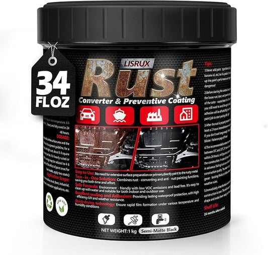 4-in-1 Rust Converter & Metal Primer, 34 Fl Oz Black Rust Inhibitor Paint for Metal, Automotive Rust Reformer, Industrial Grade Water Based, Heat Resistance & UV Resistant