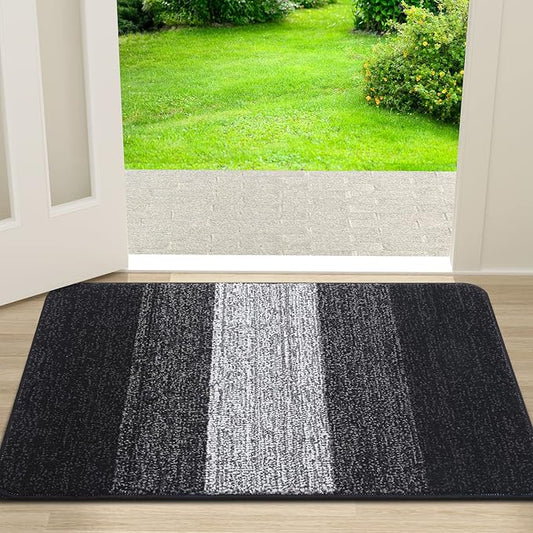 Kitinjoy Indoor Outdoor Door Mat, 30x17 Non-Slip Absorbent Dirt Trapper, Low-Profile Washable Inside Entrance Front Floor Mat, Sturdy Soft Entry Doormats for Entryway, Black