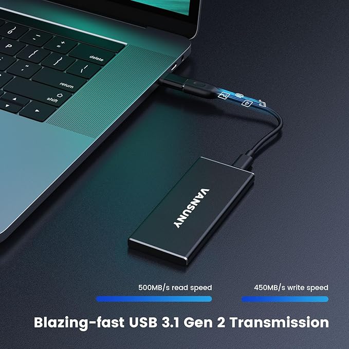 Vansuny 1TB Portable External SSD, USB 3.1 Gen2 500MB/s High-Speed Data Transfer, Metal USB C Mini Portable External Solid State Drive for PC, Laptop, Phones and More
