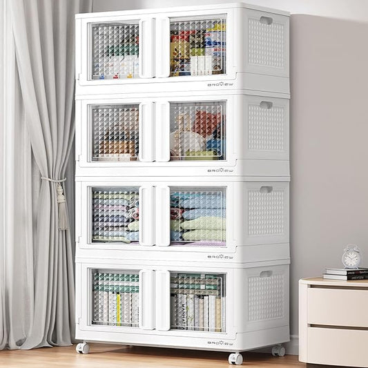 BROVIEW 400 Qt Stackable Storage Bins with Lids & Doors, 4 Pack Plastic Closet Organizer and Storage Drawers with Wheels, Large Collapsible Storage Boxes, Cabinet for Home, Office, V10, White