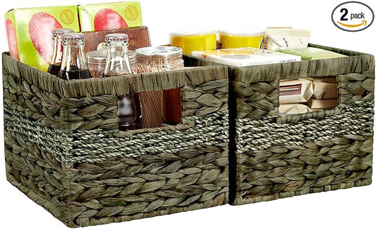 Water Hyacinth Wicker Basket, Decorative Woven Baskets with Built-in Handles, Hand-woven Storage Organizer for Organizing Pantry, Shelves, Livingroom, Bedroom, Toilet(2-PACK, Sage Green)