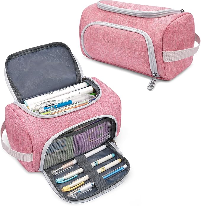 XQXA Extra Large Capacity Pencil Case Organizer, Multifunctional Pencil Pouch with Compartmens, Travel Simple Stationery Bag, Nylon Pencil Bag for Adults (Pink)