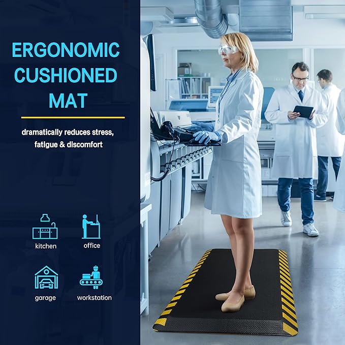 FEATOL Anti Fatigue Mats Industrial 8 Packs, Ergonomic Standing Floor Mat for Work for Stand, Black with Yellow Border Safety 20" x 39"-Support for Leg & Back Pain