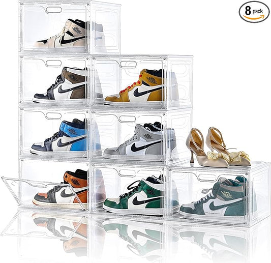8 Pack Shoe Boxes Clear Plastic Stackable, Large Shoe Storage Organizer with Lids,Drop Side Shoe Containers for Entryway,Sneaker Storage Fit up to US Size 13 (13’’x 10.6”x 8.3”)