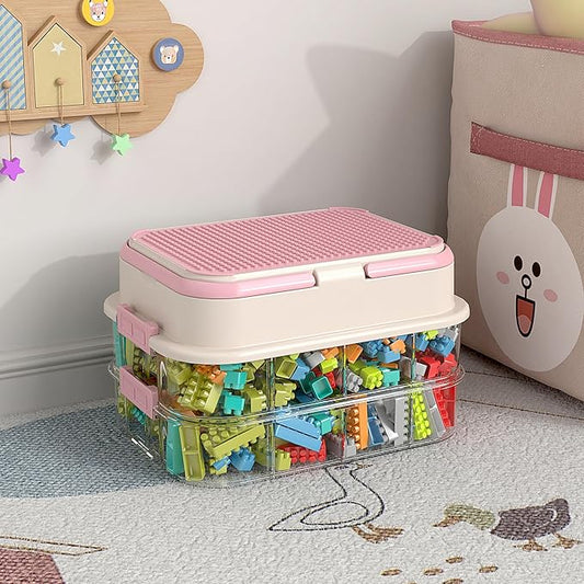 Toy Storage Organizer Box with Handle, Stackable Building Block Toy Box with Building Plate Lid & Removable Sorting Trays, Cubby Bins and Containers 2 Layer (Pink)