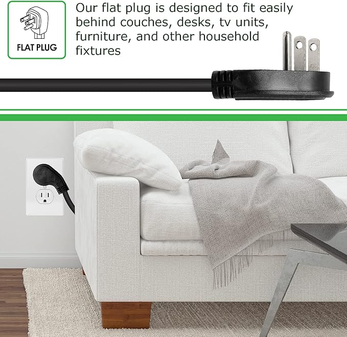 Digital Energy 8 Outlet Surge Protector Power Strip - 15 AMP, 1875 W, 125 V, 350 J Surge Protection, ETL Listed - Flat Plug, Black, 8 FT