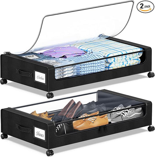 Under Bed Storage with Wheels, 2-Pack Under the Bed Storage Containers with Clear Lids & Label, Underbed Storage Bins, XXL 60L Rolling Metal Drawer for Clothes, Shoes, Toys, Books - Black