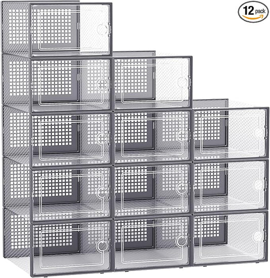 Kuject Large Shoe Organizers Storage Boxes for Closet, 12 Pack Clear Plastic Stackable Storage Bins with Lids, Under Bed Shoe Containers for Entryway, Drop Front, Fit up to Women's Size 10,Dark Gray